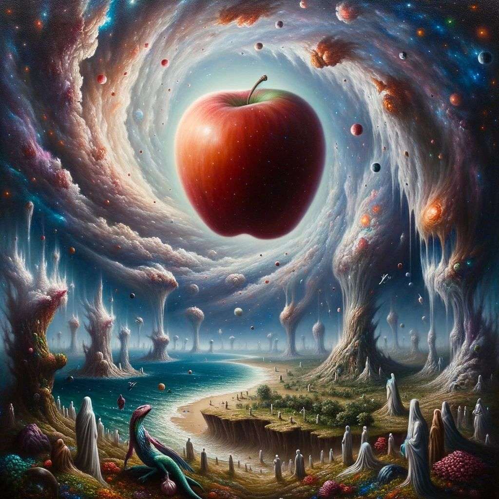 the discovery of gravity, painting, surrealism style